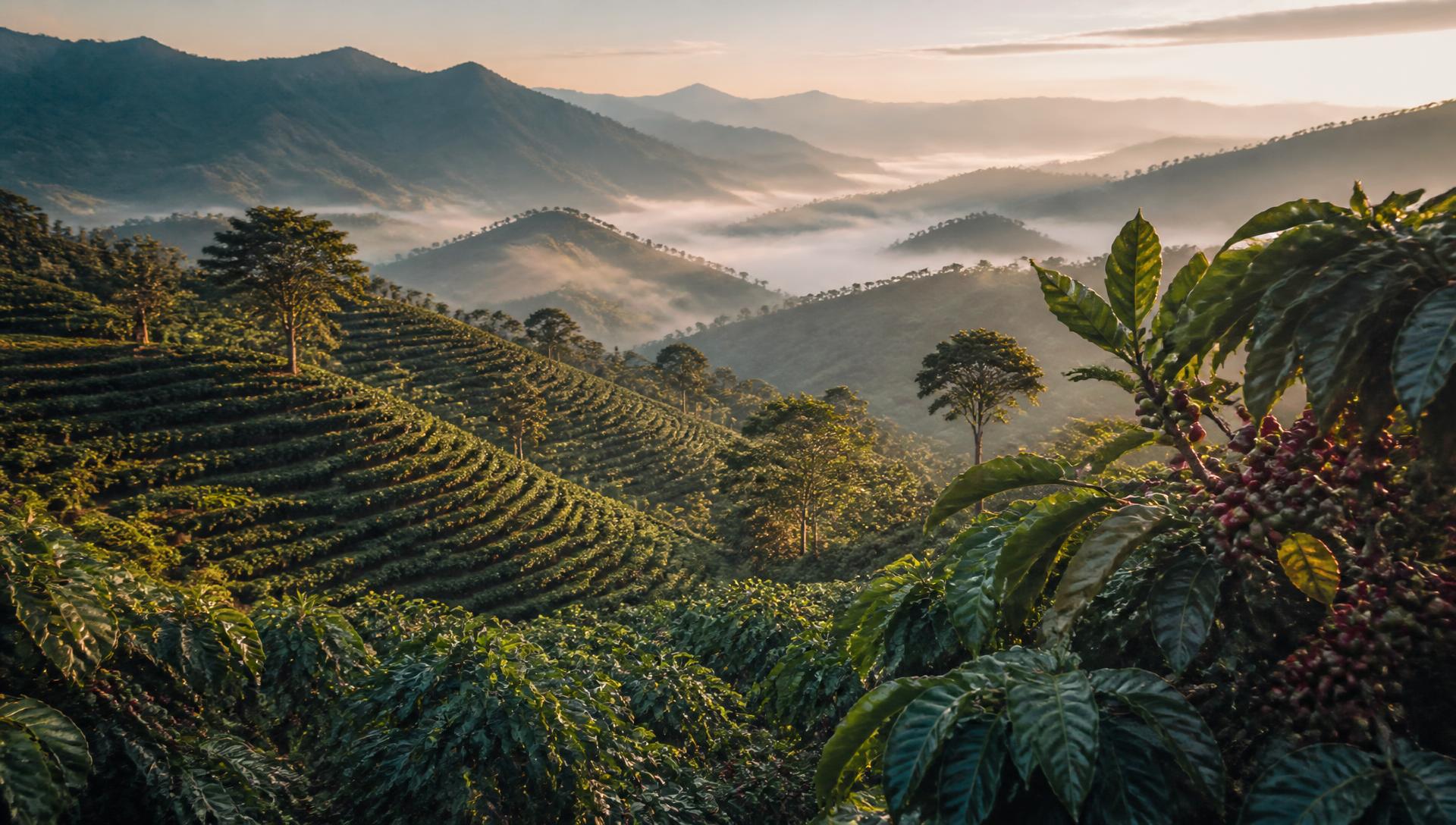 Coffee farm on terraced mountain slopes disappearing into mist at sunrise
